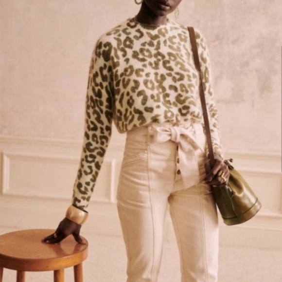 SÉZANE Indiana Leopard Print Mohair Knit Jumper Sweater Ivory Green - Picture 4 of 13